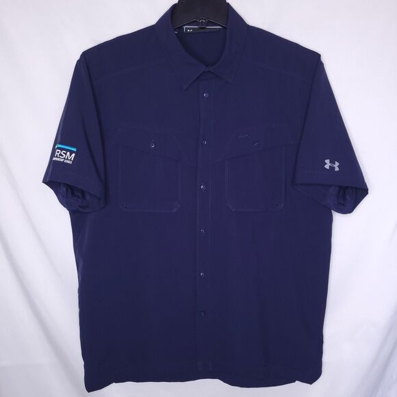 Under Armour Shirt Mens Large Navy Loose HeatGear Button Down Tide Chaser - Picture 1 of 11